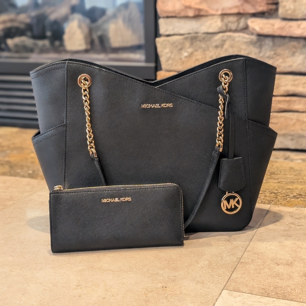 Michael Kors Jet Set Black Large Purse and Matching Jet Set Wallet
